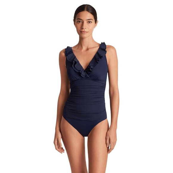 Lauren Ralph Lauren Club Solid Ruffle Surplice One-Piece Swimsuit Dark Navy 10 - Picture 6 of 7